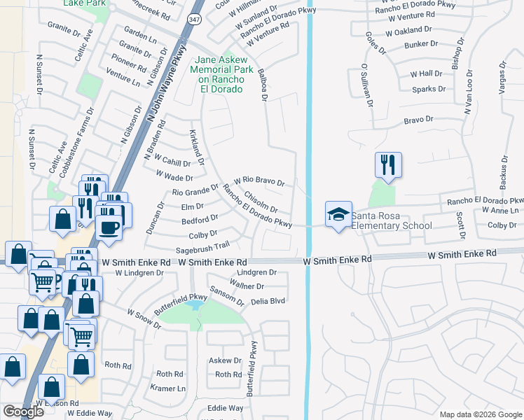 map of restaurants, bars, coffee shops, grocery stores, and more near 43315 Chisolm Drive in Maricopa
