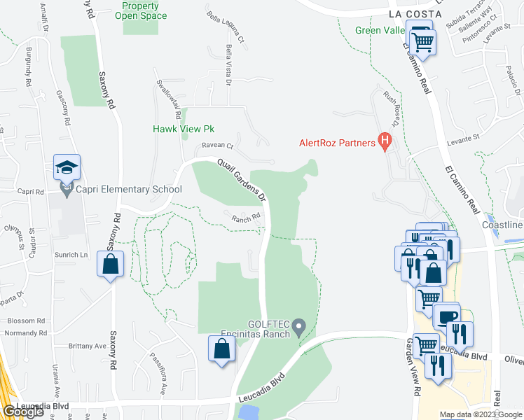 map of restaurants, bars, coffee shops, grocery stores, and more near 1452 Ranch Road in Encinitas