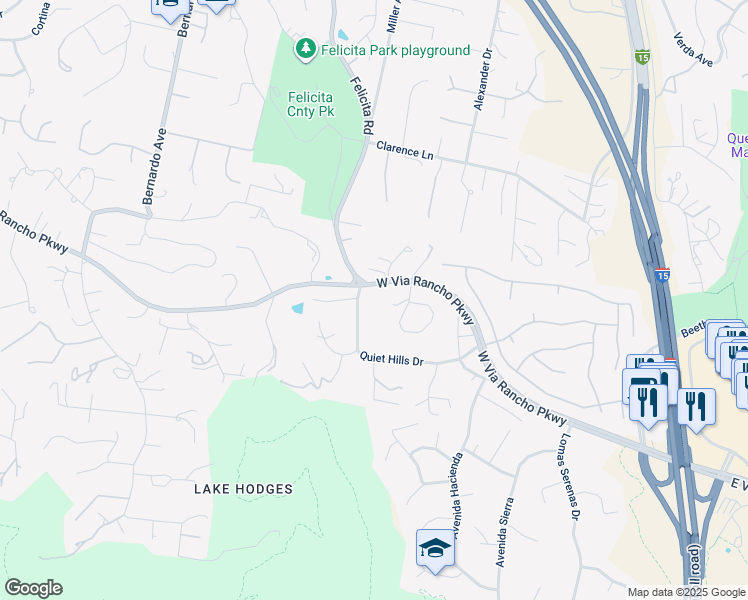 map of restaurants, bars, coffee shops, grocery stores, and more near 3104 Quiet Hills Drive in Escondido