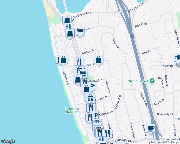 map of restaurants, bars, coffee shops, grocery stores, and more near 1549 North Vulcan Avenue in Encinitas