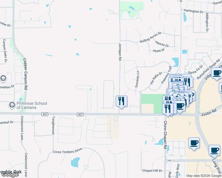 map of restaurants, bars, coffee shops, grocery stores, and more near 4544 Mahogany Lane in Lewisville