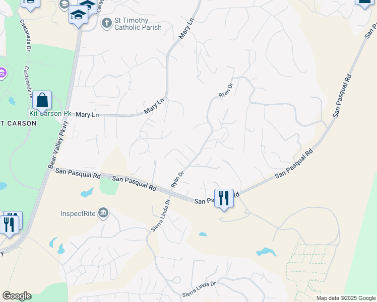 map of restaurants, bars, coffee shops, grocery stores, and more near 3523 Ryan Drive in Escondido