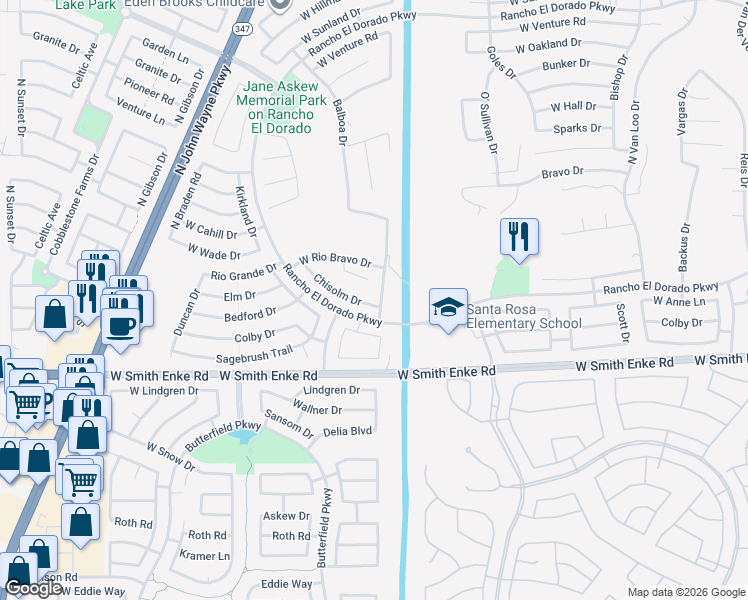 map of restaurants, bars, coffee shops, grocery stores, and more near 43188 West Chisholm Drive in Maricopa