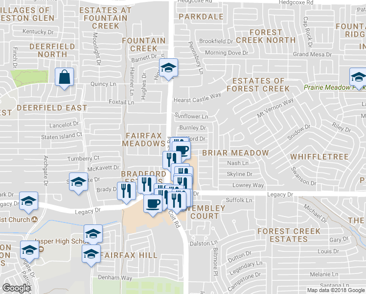 map of restaurants, bars, coffee shops, grocery stores, and more near 3953 Bexhill Drive in Plano