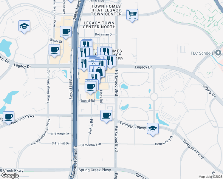 map of restaurants, bars, coffee shops, grocery stores, and more near 7001 Parkwood Boulevard in Plano