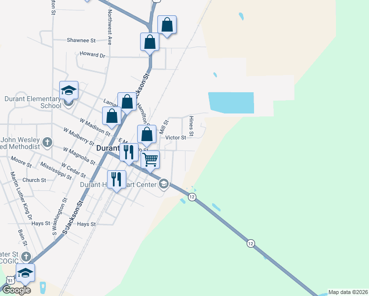 map of restaurants, bars, coffee shops, grocery stores, and more near 773 East Madison Street in Durant