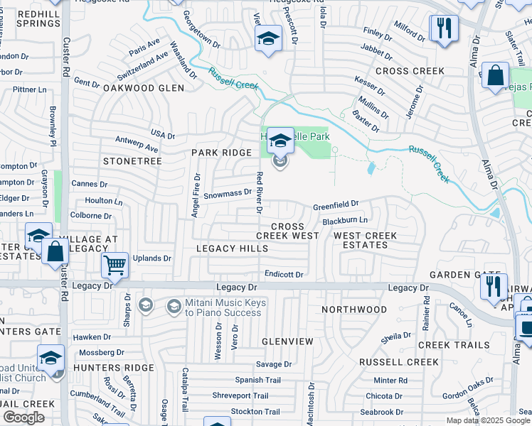 map of restaurants, bars, coffee shops, grocery stores, and more near 7301 Tabor Circle in Plano