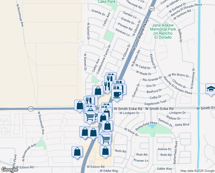 map of restaurants, bars, coffee shops, grocery stores, and more near Summer Lane in Maricopa