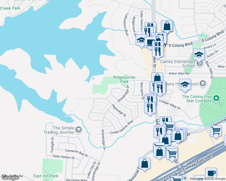 map of restaurants, bars, coffee shops, grocery stores, and more near 4401 Lakeside Drive in The Colony