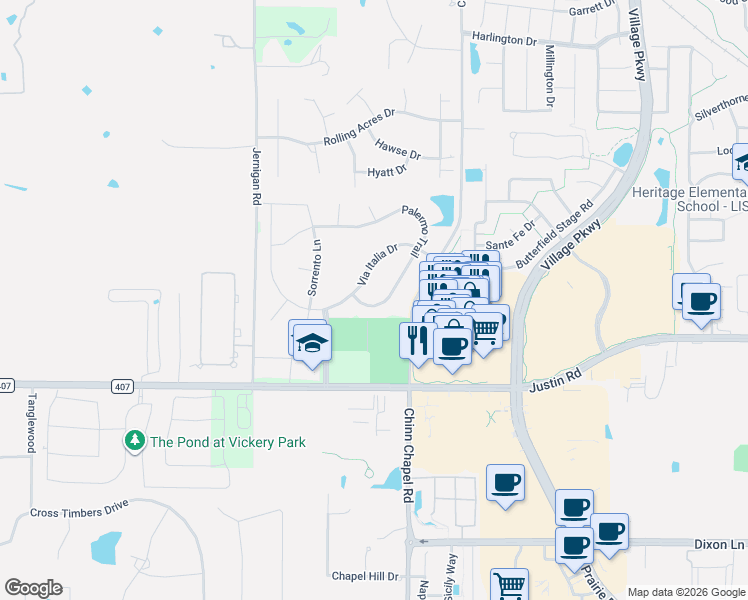 map of restaurants, bars, coffee shops, grocery stores, and more near 6620 Palermo Trail in Flower Mound