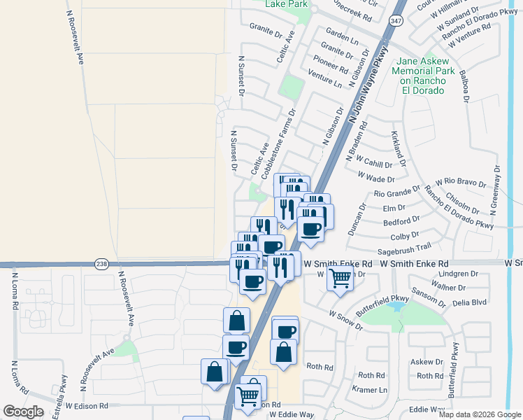 map of restaurants, bars, coffee shops, grocery stores, and more near 21499 Greenland Park Drive in Maricopa