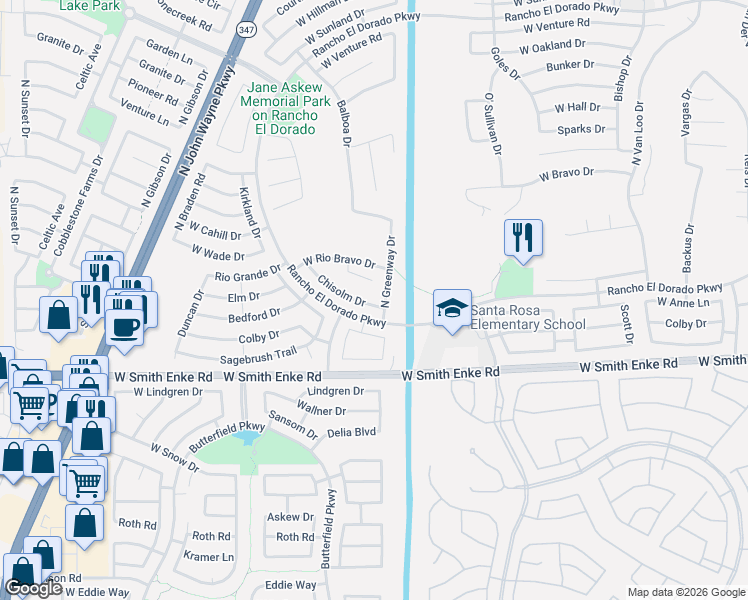 map of restaurants, bars, coffee shops, grocery stores, and more near 43188 West Chisholm Drive in Maricopa