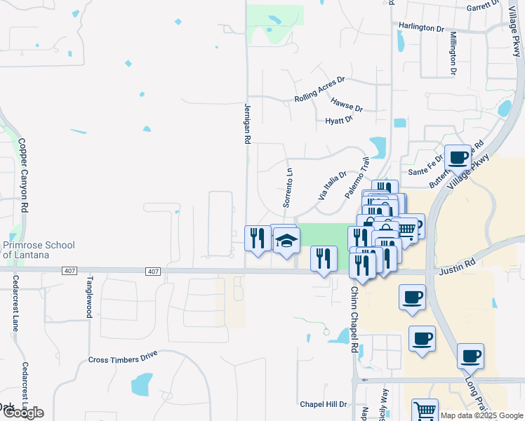 map of restaurants, bars, coffee shops, grocery stores, and more near 6317 Napoli Circle in Lewisville