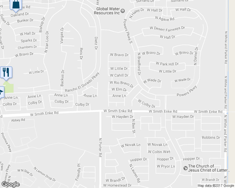 map of restaurants, bars, coffee shops, grocery stores, and more near 41278 Anne Lane in Maricopa