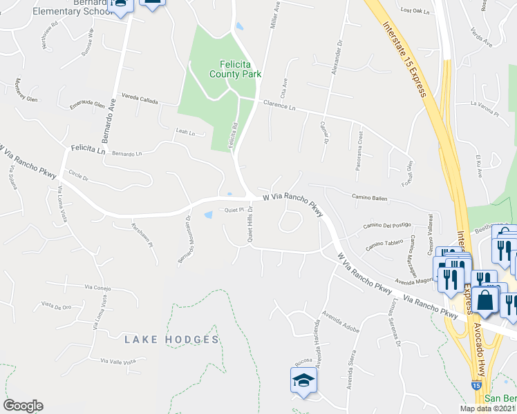map of restaurants, bars, coffee shops, grocery stores, and more near 3104 Quiet Hills Drive in Escondido