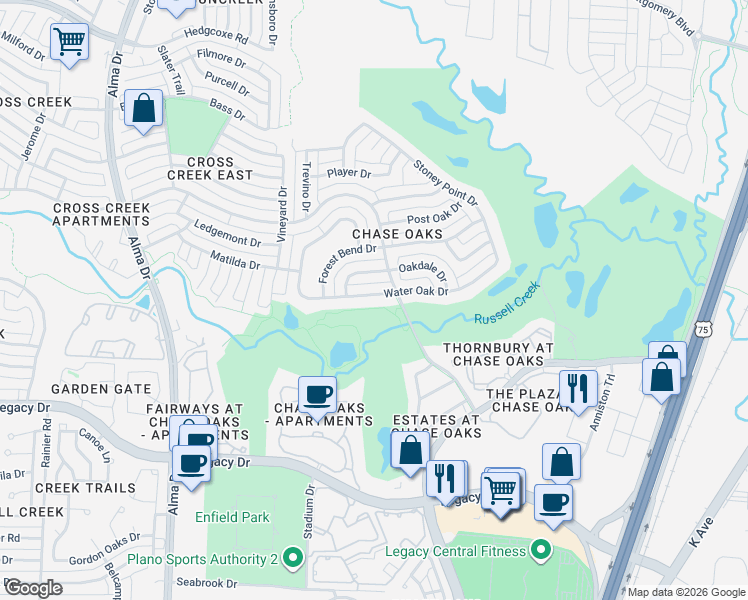 map of restaurants, bars, coffee shops, grocery stores, and more near 704 Water Oak Drive in Plano