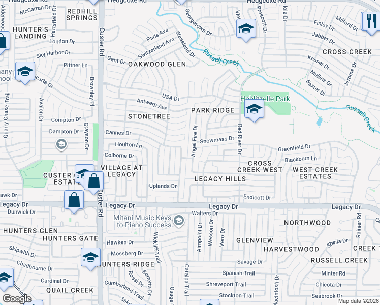 map of restaurants, bars, coffee shops, grocery stores, and more near 7301 Tenerife Drive in Plano