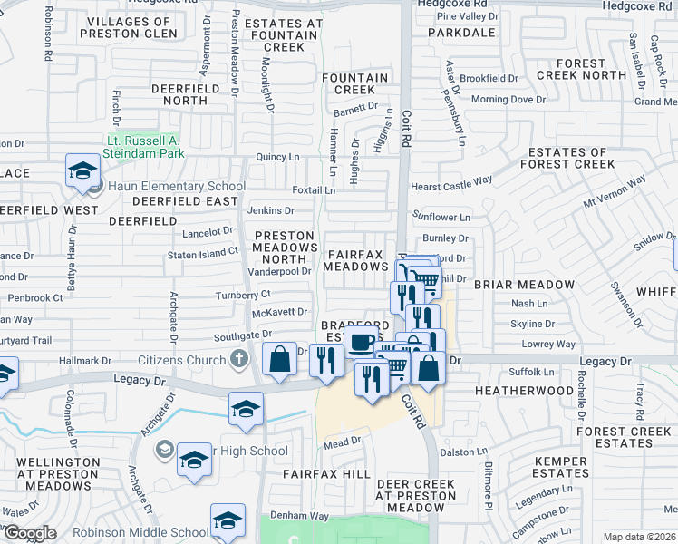map of restaurants, bars, coffee shops, grocery stores, and more near 7204 High Plains Drive in Plano