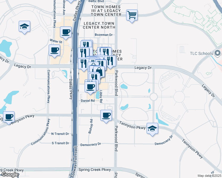 map of restaurants, bars, coffee shops, grocery stores, and more near 7001 Parkwood Boulevard in Plano