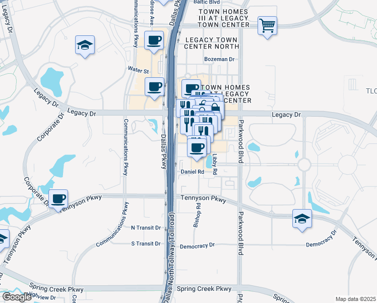 map of restaurants, bars, coffee shops, grocery stores, and more near 7122-7160 Dallas Parkway in Plano