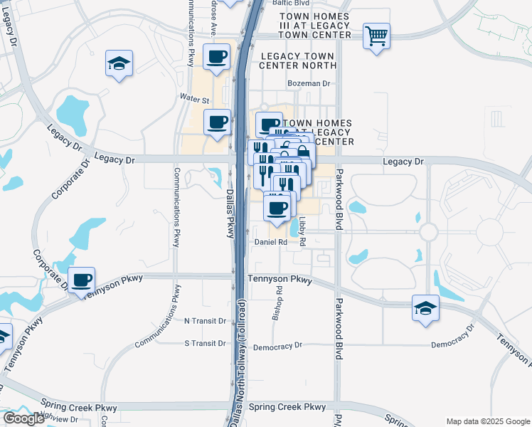 map of restaurants, bars, coffee shops, grocery stores, and more near 7160 Dallas Parkway in Plano