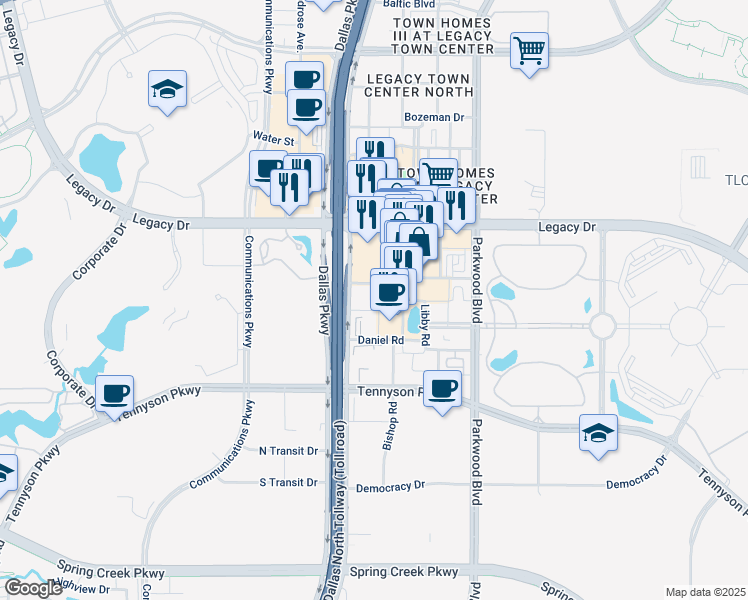 map of restaurants, bars, coffee shops, grocery stores, and more near 7160 Dallas Parkway in Plano