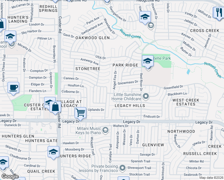 map of restaurants, bars, coffee shops, grocery stores, and more near 7301 Tenerife Drive in Plano