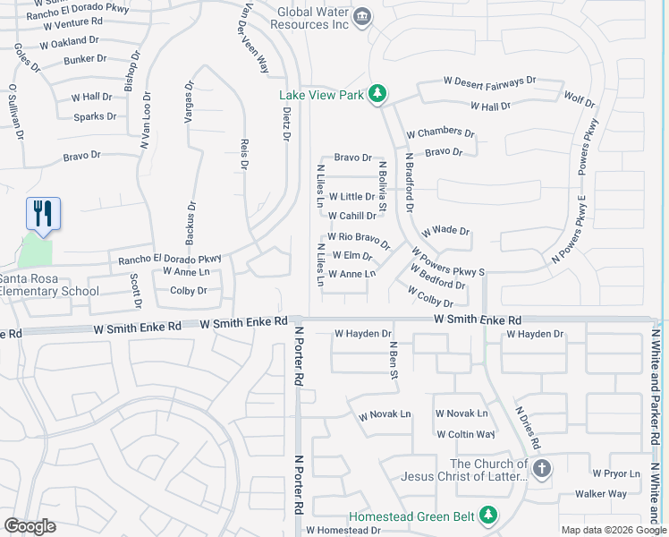 map of restaurants, bars, coffee shops, grocery stores, and more near 41278 Anne Lane in Maricopa