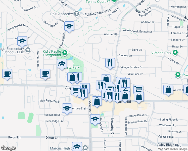 map of restaurants, bars, coffee shops, grocery stores, and more near 2400 High Chapel Court in Highland Village