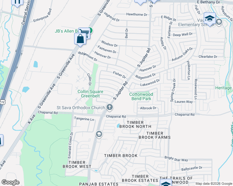 map of restaurants, bars, coffee shops, grocery stores, and more near 1500 South Jupiter Road in Allen