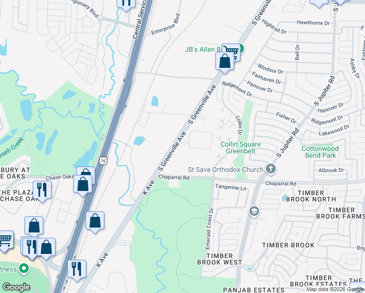 map of restaurants, bars, coffee shops, grocery stores, and more near 1501 South Greenville Avenue in Allen