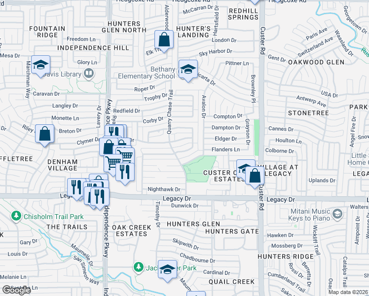 map of restaurants, bars, coffee shops, grocery stores, and more near 2417 Banner Elk Circle in Plano