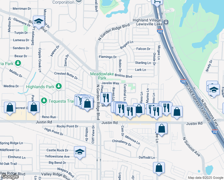 map of restaurants, bars, coffee shops, grocery stores, and more near 2025 Raven Lane in Lewisville