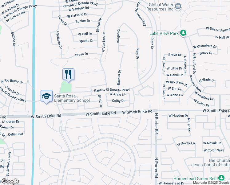 map of restaurants, bars, coffee shops, grocery stores, and more near 41937 Anne Lane in Maricopa