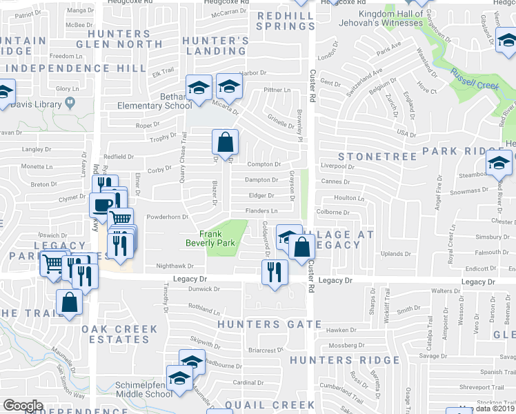 map of restaurants, bars, coffee shops, grocery stores, and more near 2240 Flanders Lane in Plano