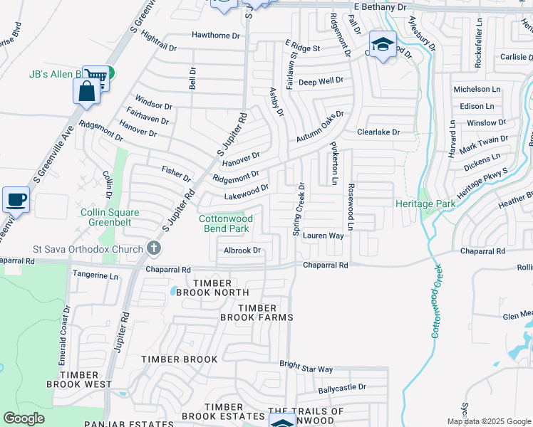 map of restaurants, bars, coffee shops, grocery stores, and more near 1309 Spring Street in Allen