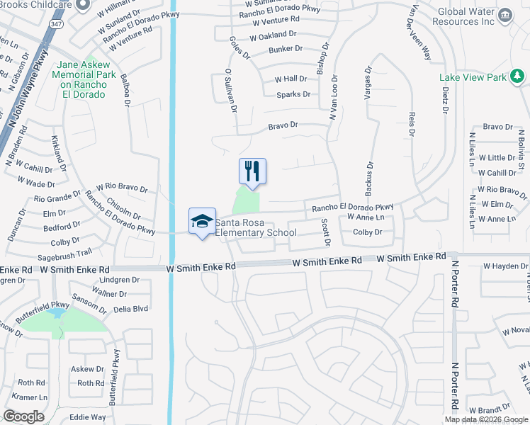 map of restaurants, bars, coffee shops, grocery stores, and more near Rancho El Dorado Parkway in Maricopa