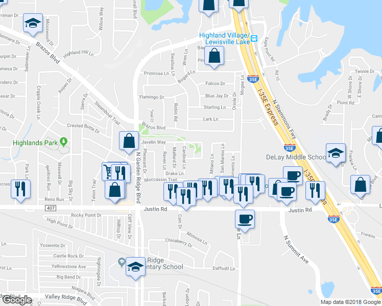 map of restaurants, bars, coffee shops, grocery stores, and more near 2034 Peregrine Court in Lewisville