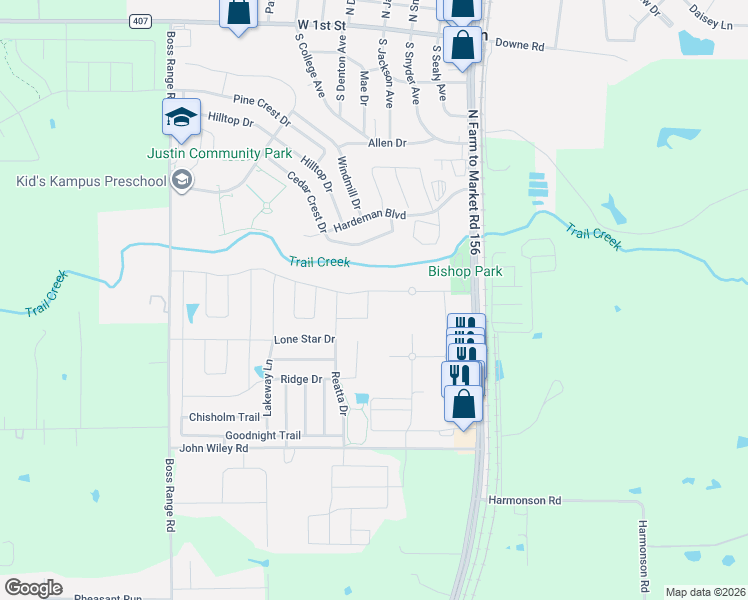 map of restaurants, bars, coffee shops, grocery stores, and more near 304 Ranch Road in Justin