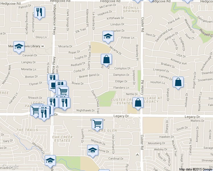 map of restaurants, bars, coffee shops, grocery stores, and more near 2400 Powderhorn Drive in Plano