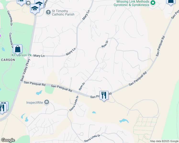 map of restaurants, bars, coffee shops, grocery stores, and more near 3527 Ryan Drive in Escondido