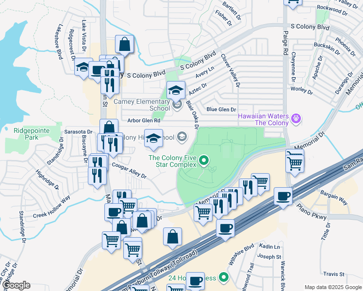 map of restaurants, bars, coffee shops, grocery stores, and more near 4301 Blair Oaks Drive in The Colony