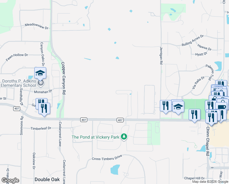 map of restaurants, bars, coffee shops, grocery stores, and more near 10030 Justin Road in Lewisville