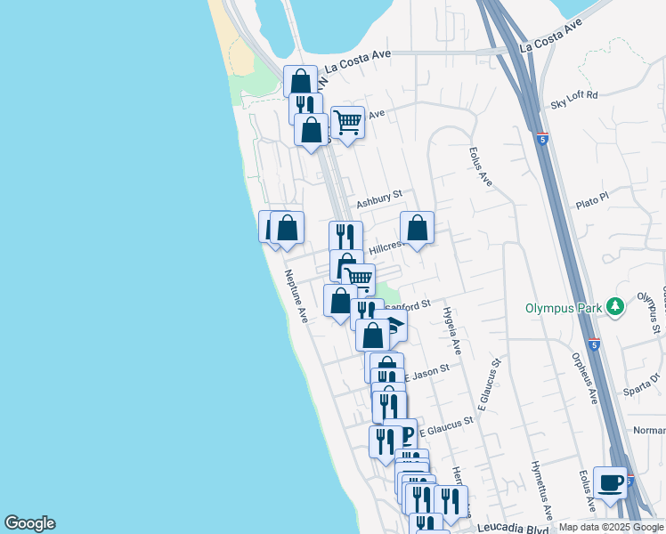 map of restaurants, bars, coffee shops, grocery stores, and more near 163 Avocado Street in Encinitas