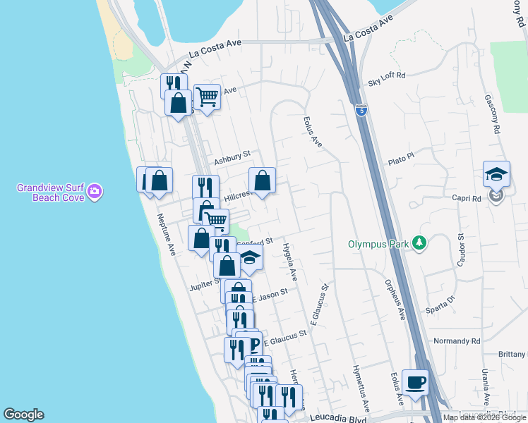 map of restaurants, bars, coffee shops, grocery stores, and more near 226 Rain Tree Drive in Encinitas