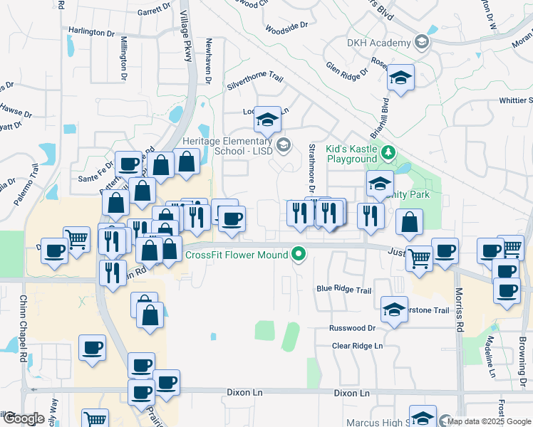 map of restaurants, bars, coffee shops, grocery stores, and more near 109 Edinburgh Court in Highland Village