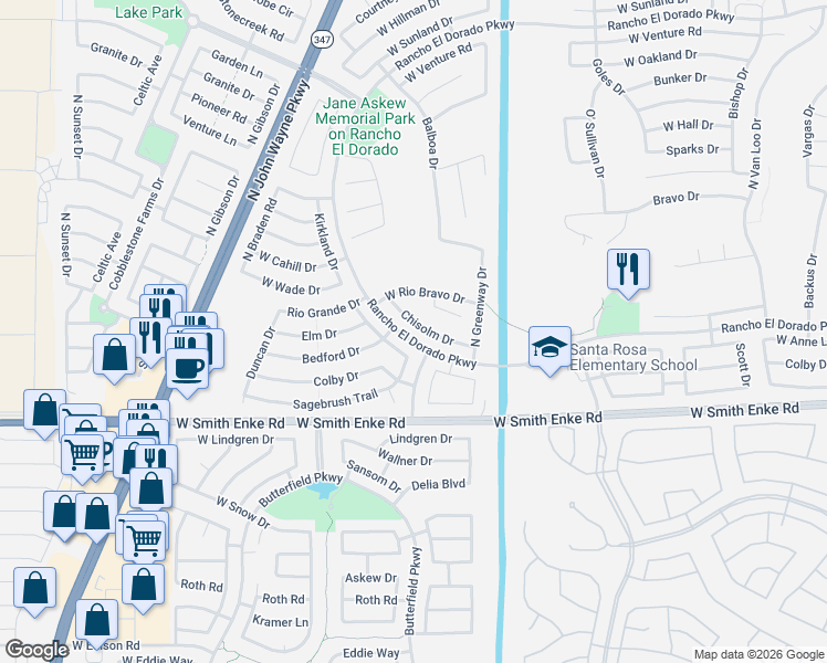 map of restaurants, bars, coffee shops, grocery stores, and more near 43315 Chisolm Drive in Maricopa