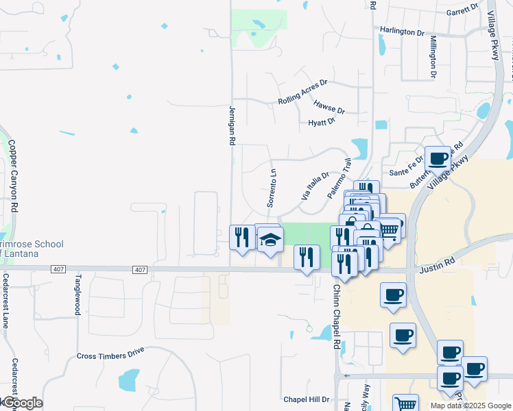 map of restaurants, bars, coffee shops, grocery stores, and more near 6317 Napoli Circle in Lewisville
