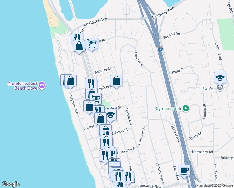 map of restaurants, bars, coffee shops, grocery stores, and more near 226 Rain Tree Drive in Encinitas
