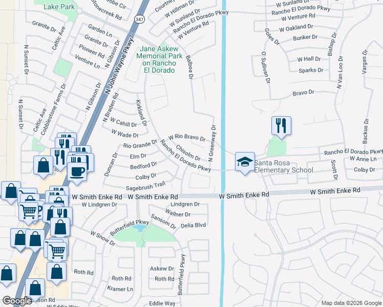 map of restaurants, bars, coffee shops, grocery stores, and more near 43315 Chisolm Drive in Maricopa